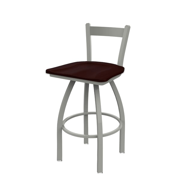 25" Low Back Swivel Counter Stool, Nickel Finish, Dark Cherry Oak Seat